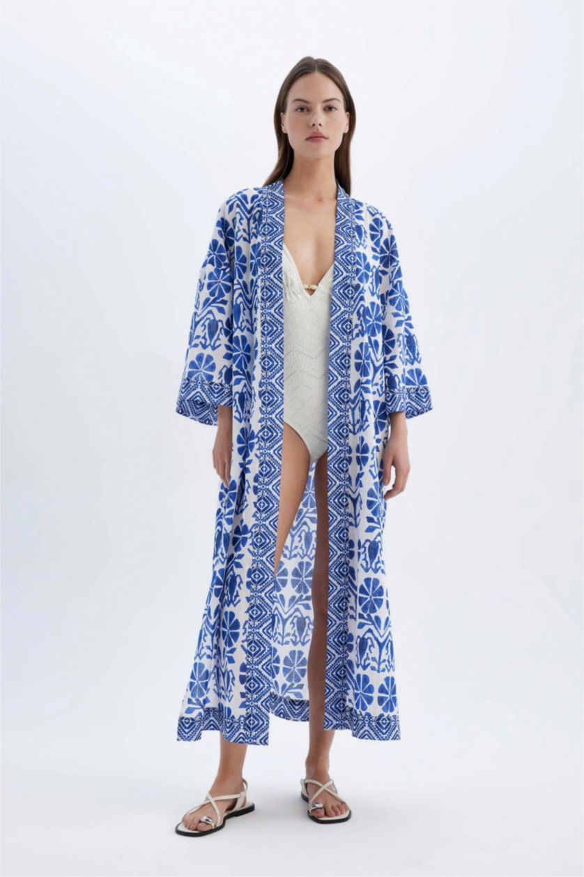 Kadın Saks Etnik Desenli Pamuklu Plaj Elbisesi-Fall in Love