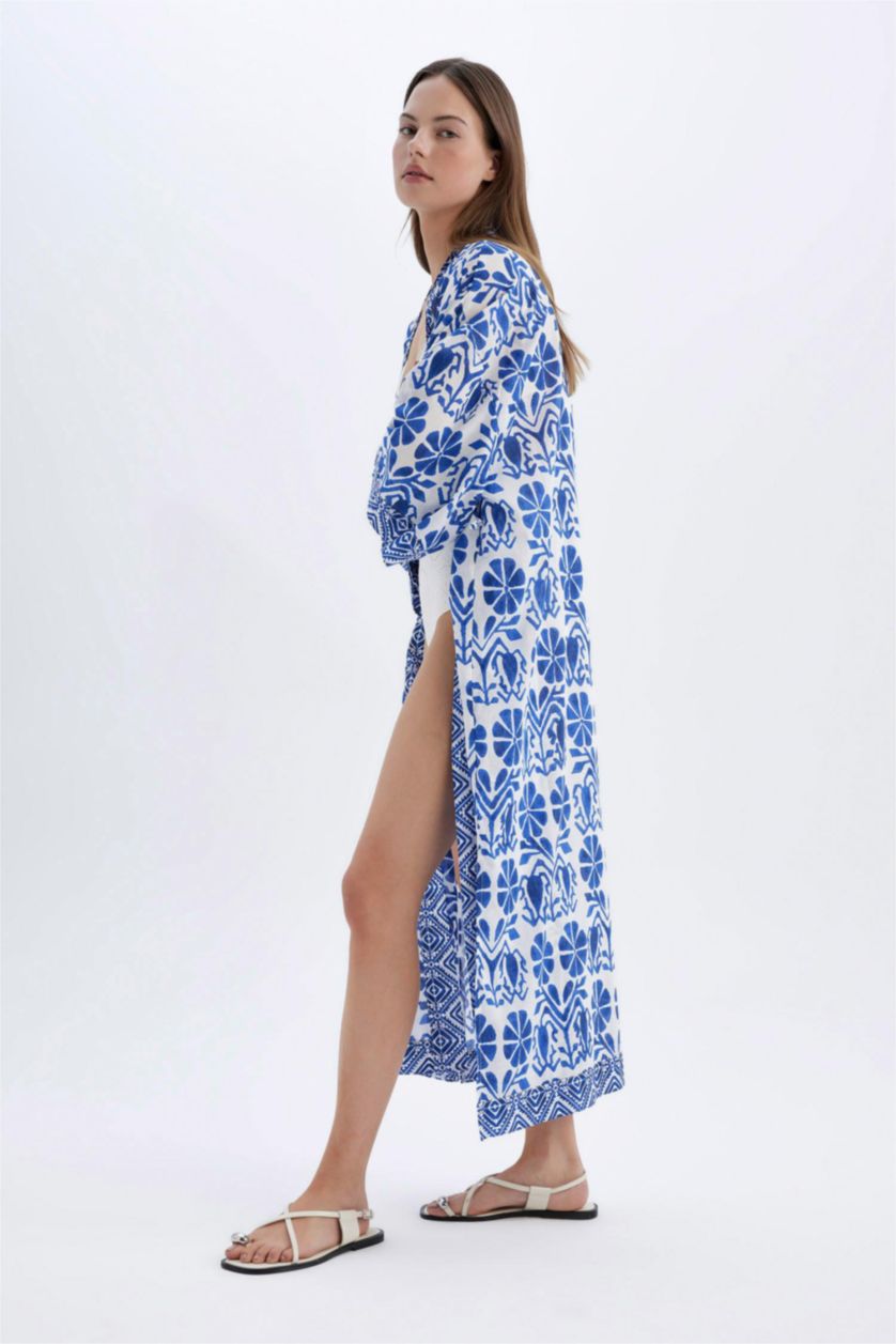 Kadın Saks Etnik Desenli Pamuklu Plaj Elbisesi-Fall in Love