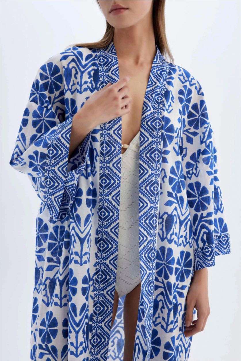 Kadın Saks Etnik Desenli Pamuklu Plaj Elbisesi-Fall in Love