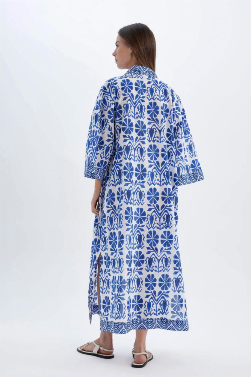 Kadın Saks Etnik Desenli Pamuklu Plaj Elbisesi-Fall in Love