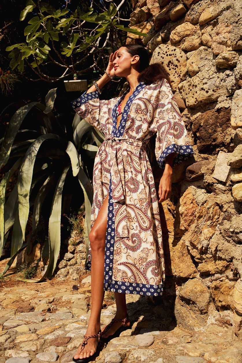 Kadın Lacivert Regular Fit Kuşaklı Etnik Desenli Pamuklu Kimono