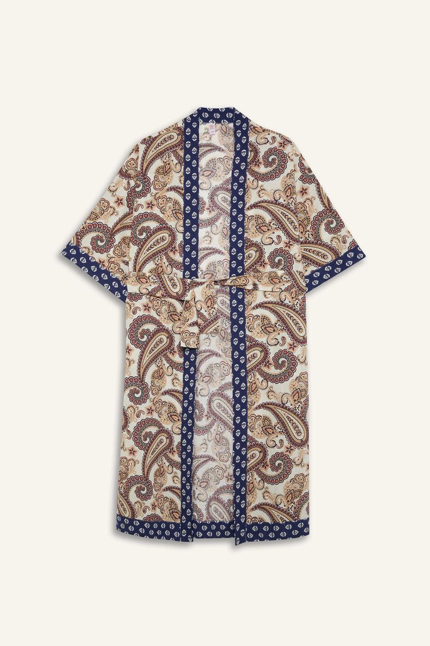 Kadın Lacivert Regular Fit Kuşaklı Etnik Desenli Pamuklu Kimono