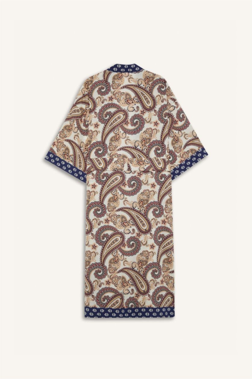 Kadın Lacivert Regular Fit Kuşaklı Etnik Desenli Pamuklu Kimono