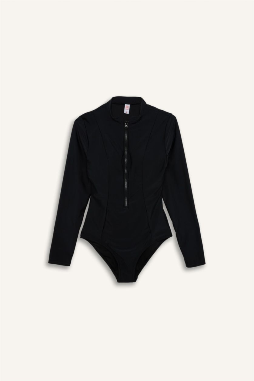 Woman Black Regular Fit Zippered Black Swimsuit