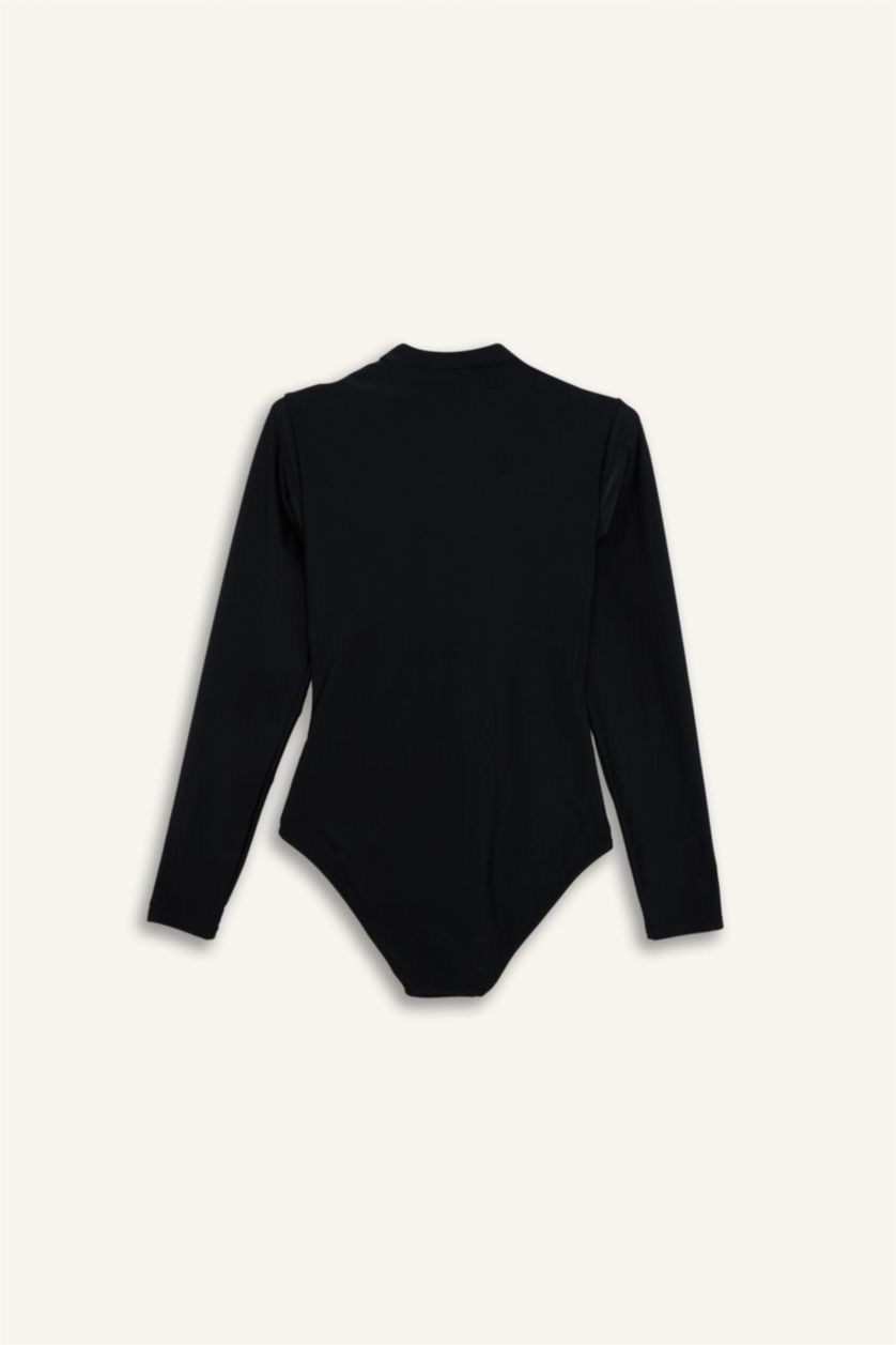 Woman Black Regular Fit Zippered Black Swimsuit