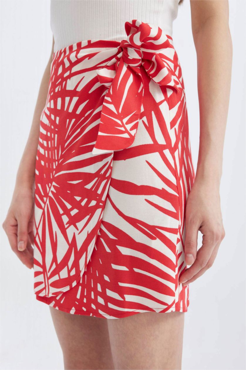 Kadın Açık Kırmızı Desenli Normal Bel Keten Karışımlı Mini Etek