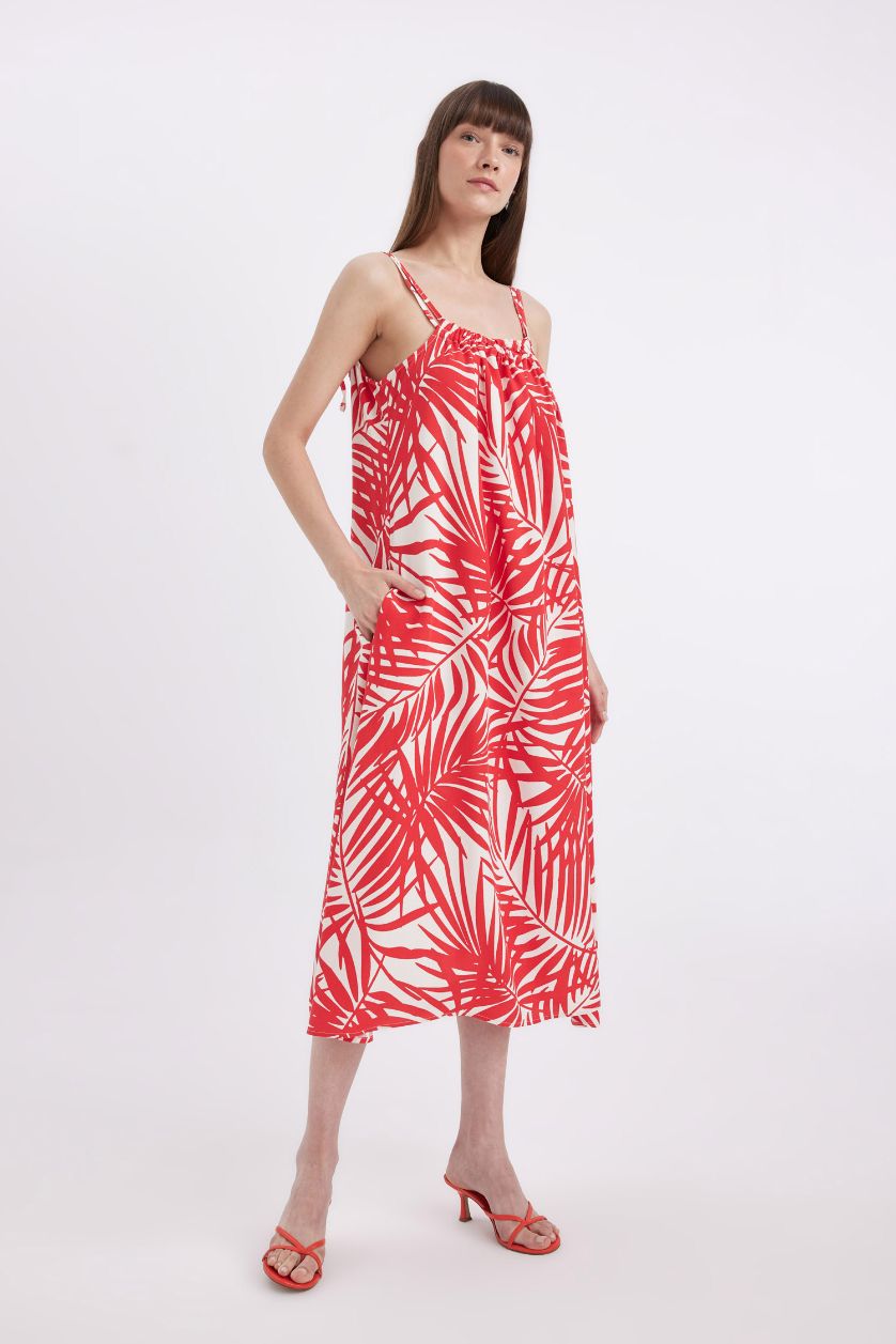 Woman Red Shirt Collar Printed Linen Blend Midi Dress