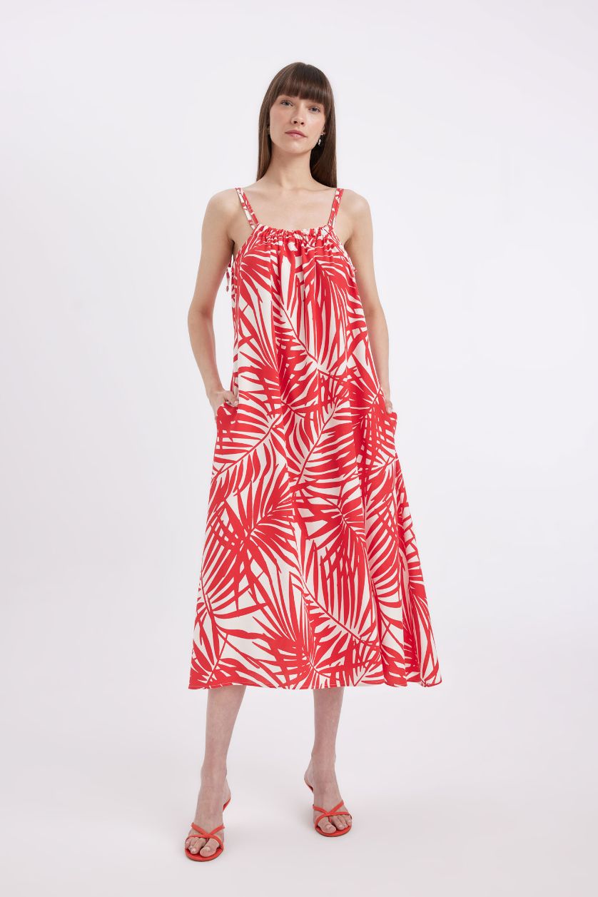 Woman Red Shirt Collar Printed Linen Blend Midi Dress