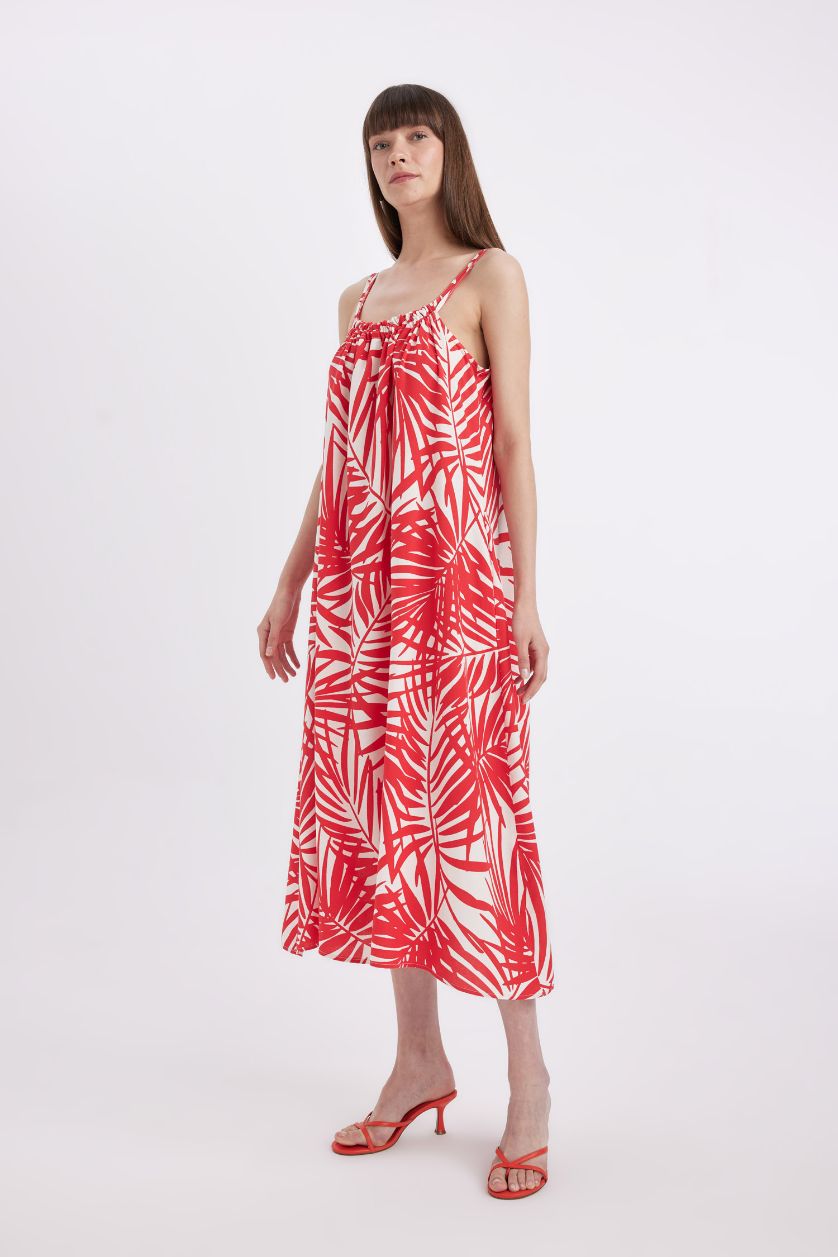 Woman Red Shirt Collar Printed Linen Blend Midi Dress