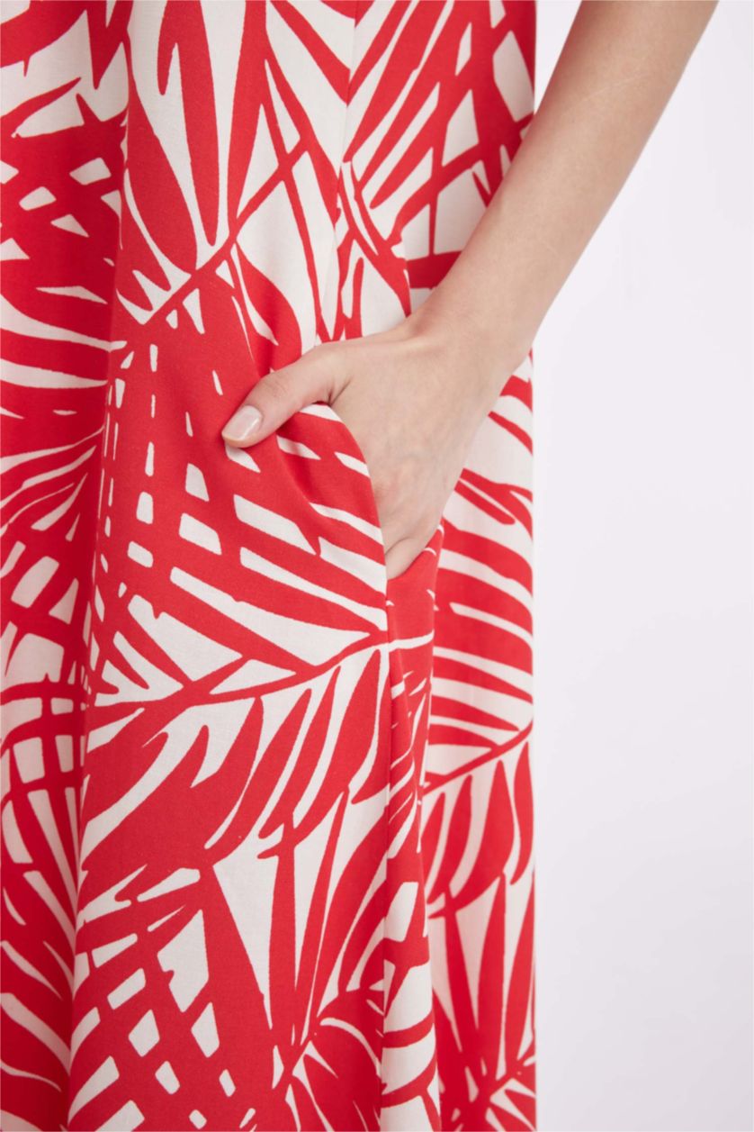 Woman Red Shirt Collar Printed Linen Blend Midi Dress