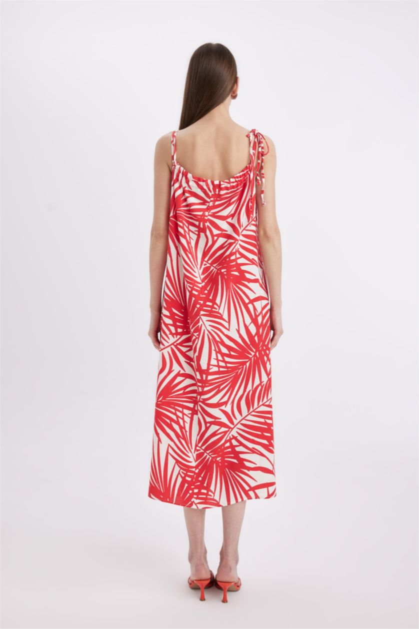 Woman Red Shirt Collar Printed Linen Blend Midi Dress