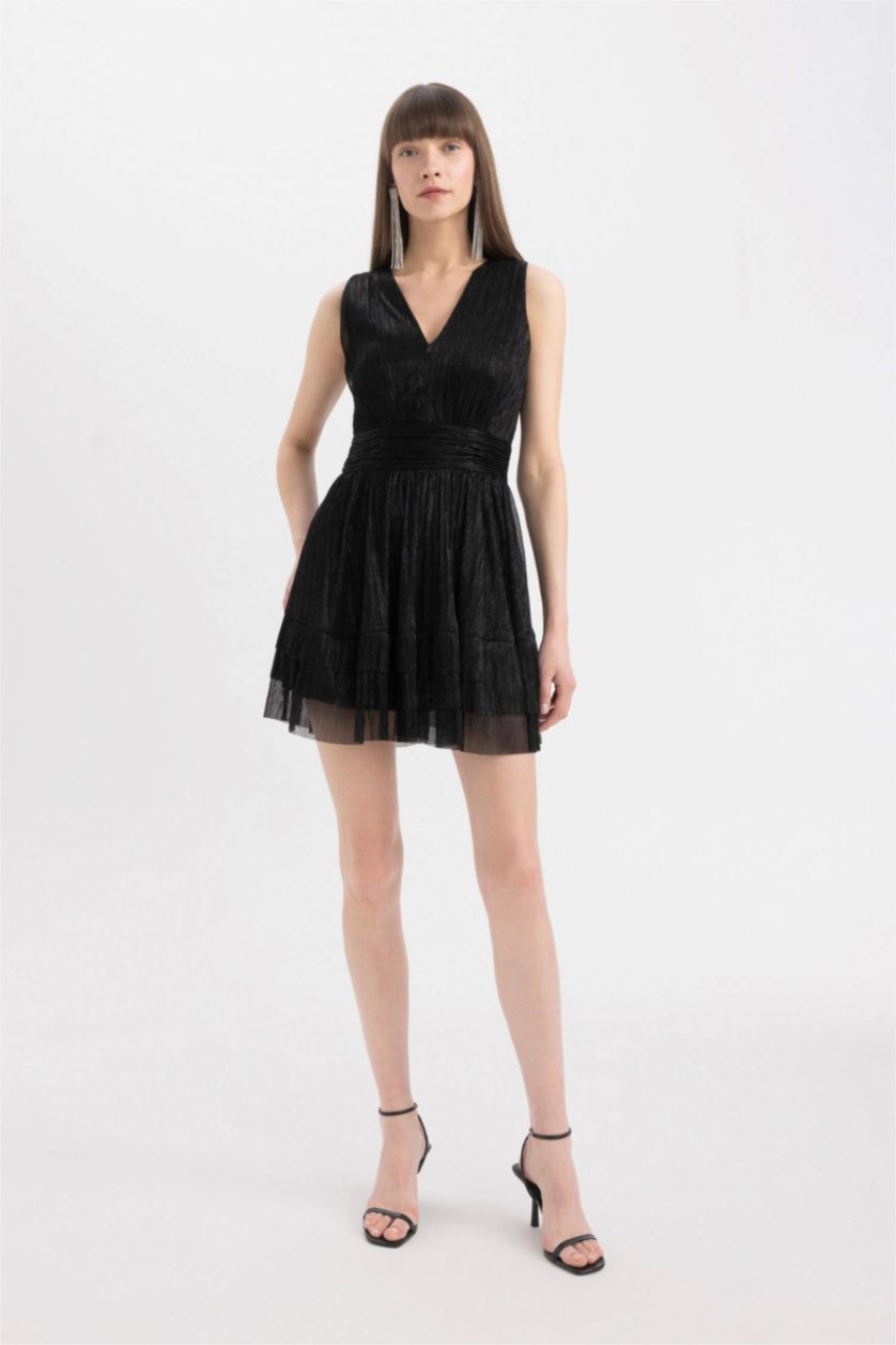 Woman Black V-Neck Glitter Fabric Sleeveless Mini Dress