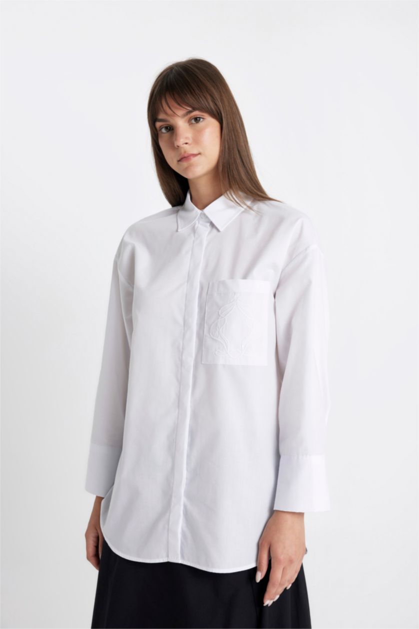 نساء Violet Beyaz قميص طويل قصة مريحة ردن طويل