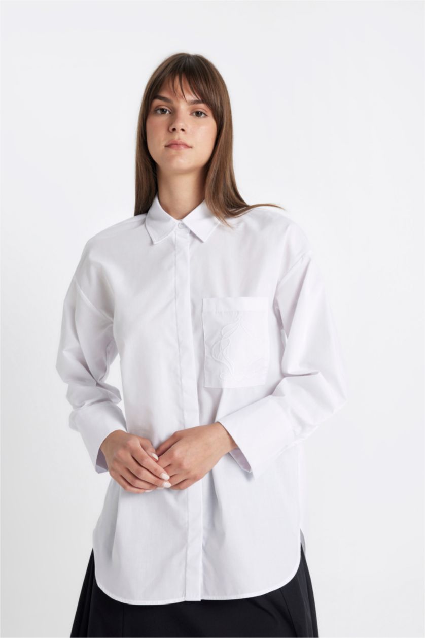 نساء Violet Beyaz قميص طويل قصة مريحة ردن طويل