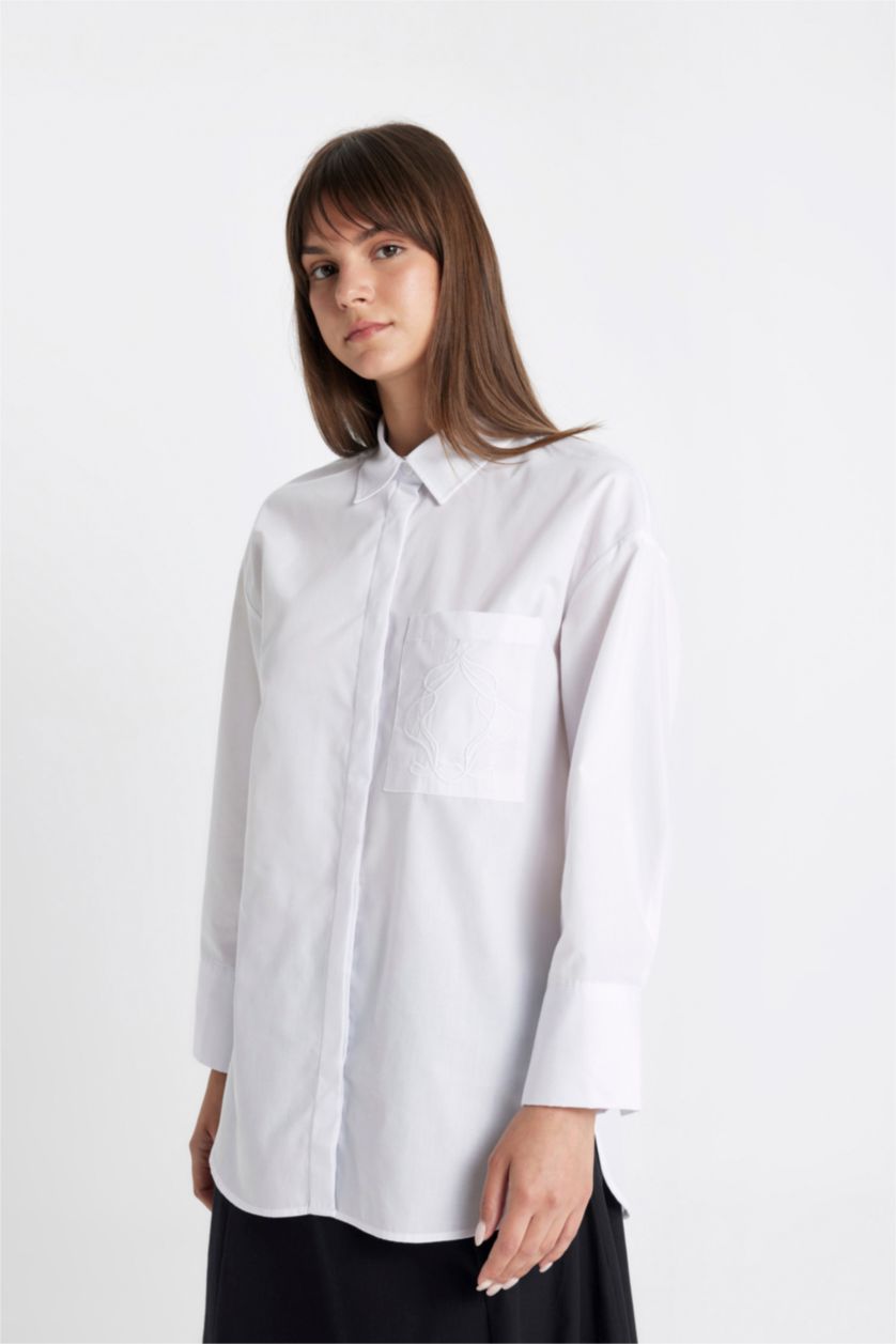 نساء Violet Beyaz قميص طويل قصة مريحة ردن طويل