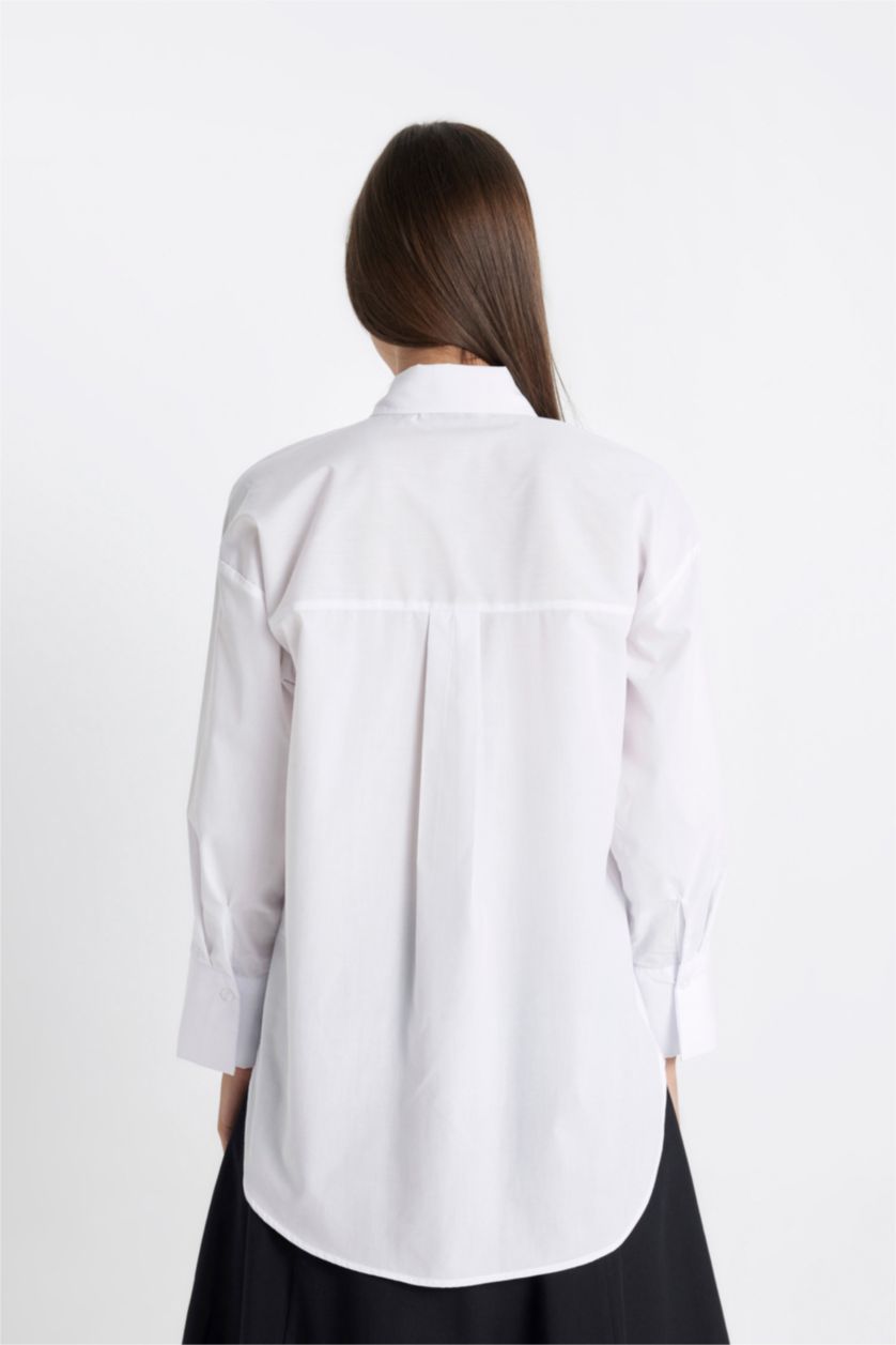 نساء Violet Beyaz قميص طويل قصة مريحة ردن طويل