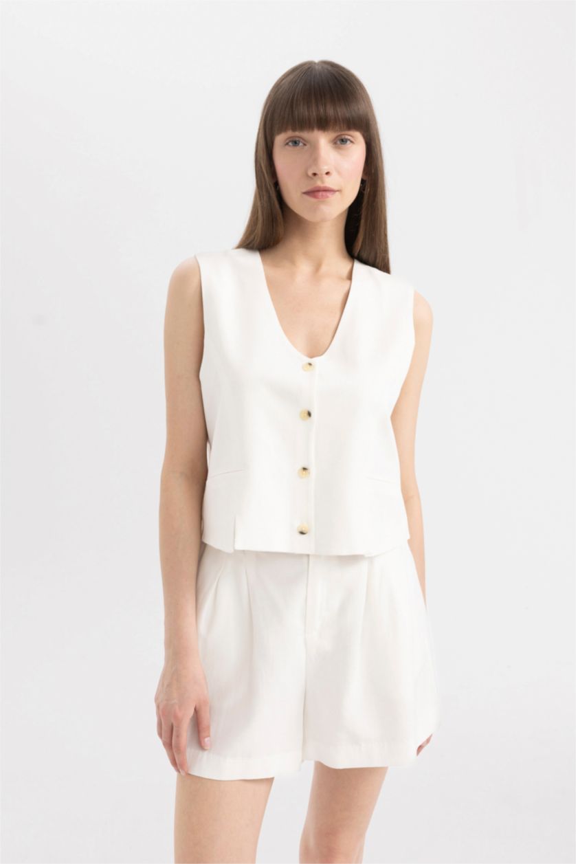 FEMME Blanc Gilet Blazer Blanche en Lin Mélangé à Col en V