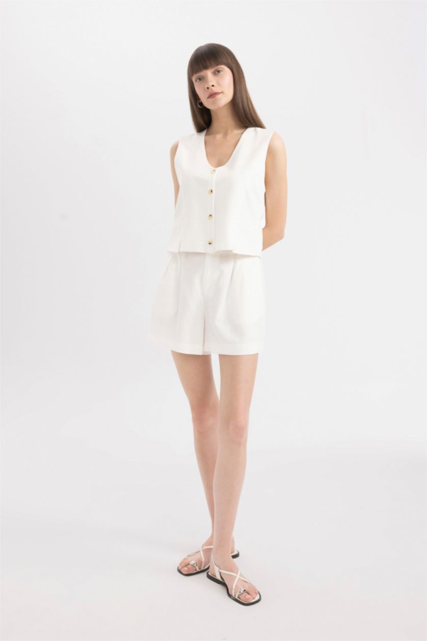 FEMME Blanc Gilet Blazer Blanche en Lin Mélangé à Col en V