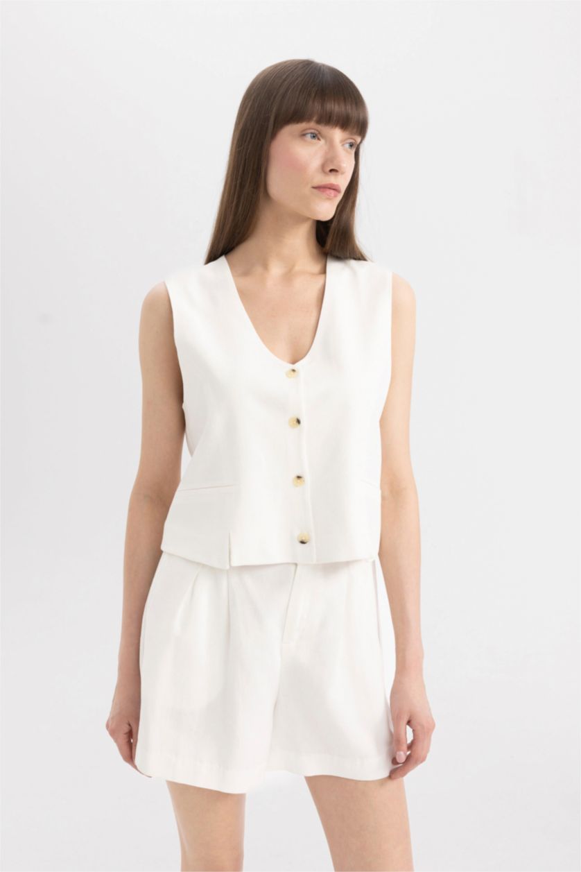 FEMME Blanc Gilet Blazer Blanche en Lin Mélangé à Col en V