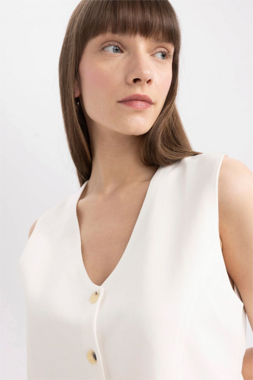 FEMME Blanc Gilet Blazer Blanche en Lin Mélangé à Col en V