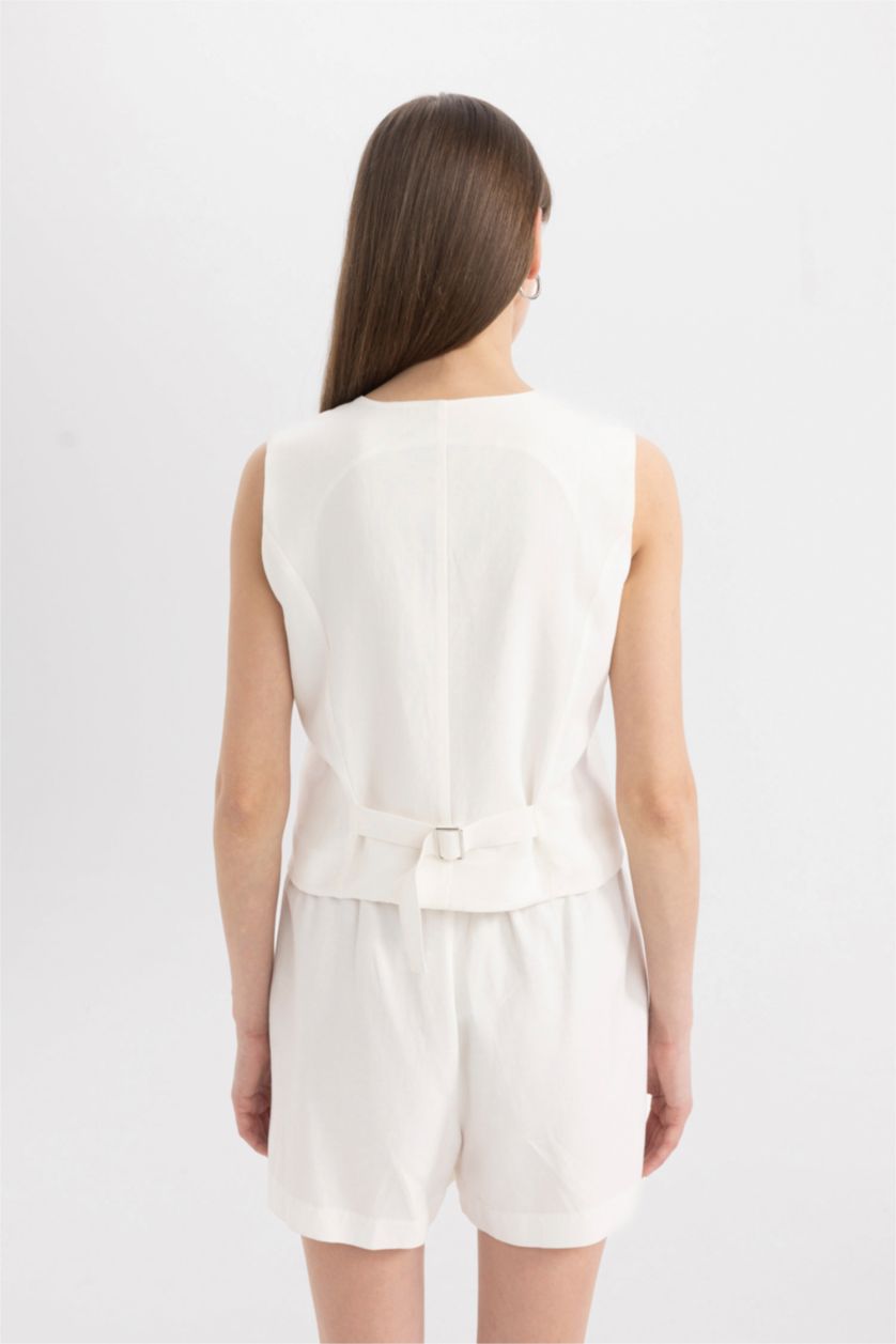 FEMME Blanc Gilet Blazer Blanche en Lin Mélangé à Col en V