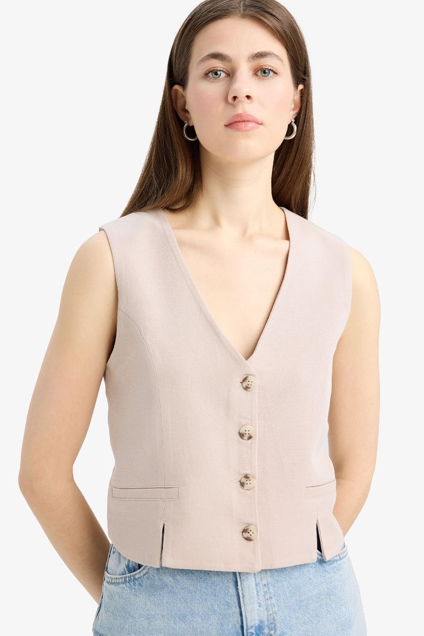 Kadın Bej V Yaka Keten Karışımlı Beyaz Blazer Yelek