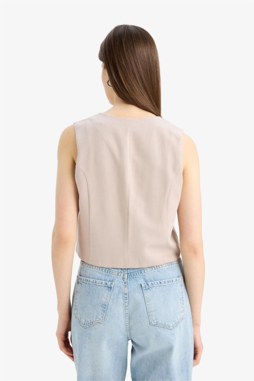 Kadın Bej V Yaka Keten Karışımlı Beyaz Blazer Yelek