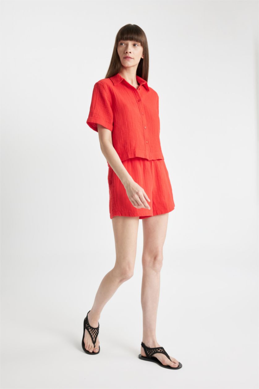 WOMAN Red Relax Fit Muslin High Waist Short Leg Shorts