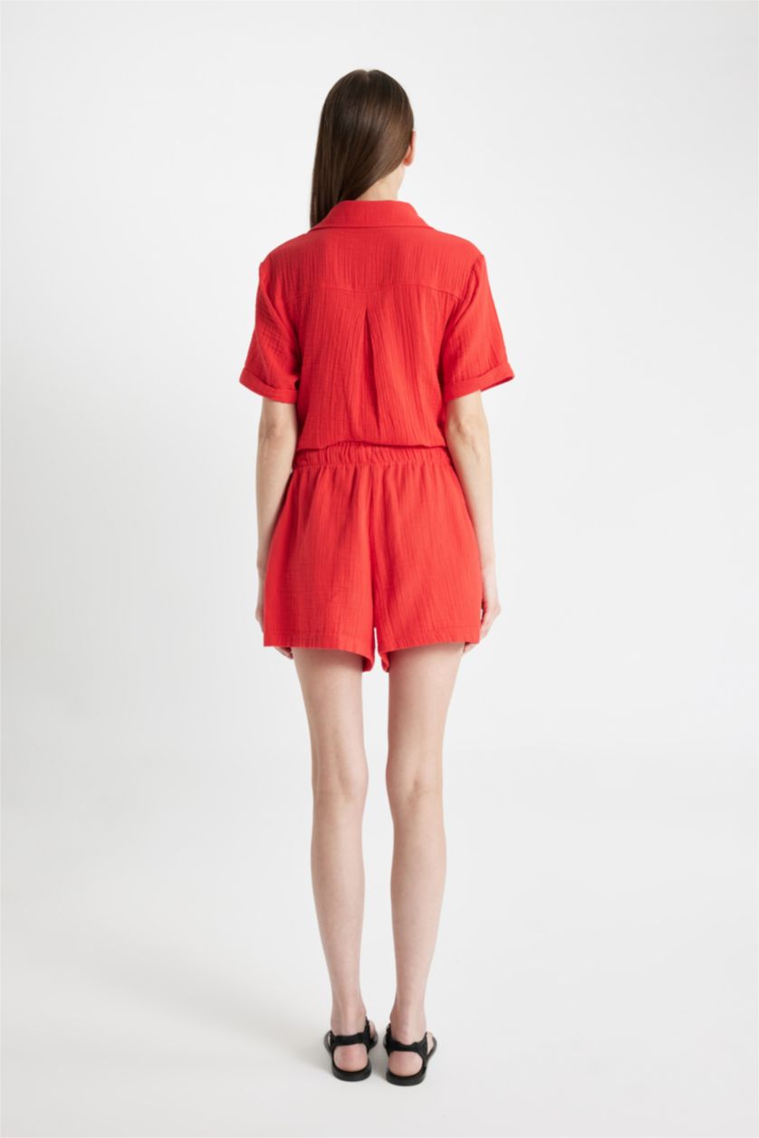 Kadın Kırmızı Relax Fıt Yüksek Bel Kısa Paça Müslin Şort