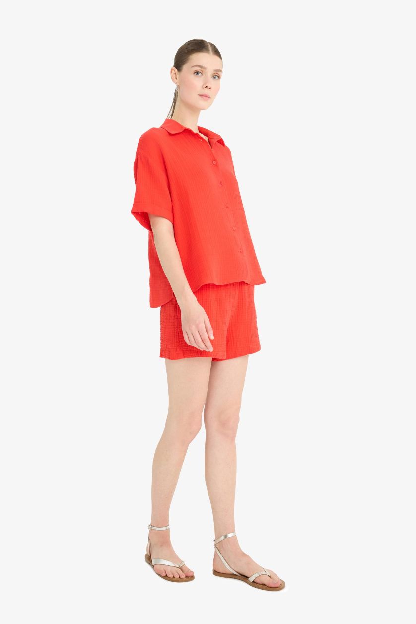 حريمي أحمر شورت قصير موسلين قصة مريحة بخصر عالي