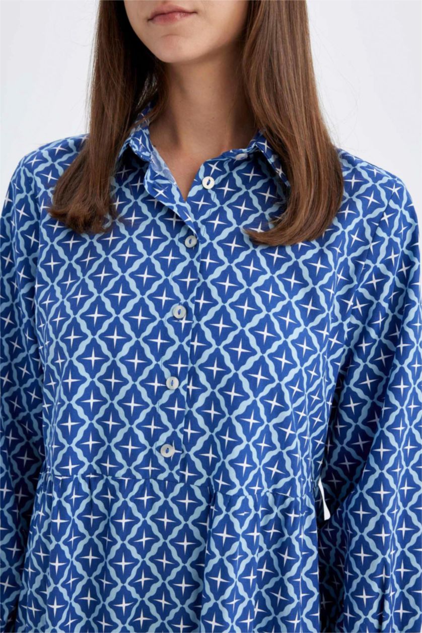 Kadın Mavi Relax Fit Gömlek Yaka Desenli Poplin Uzun Kollu Maxi Elbise