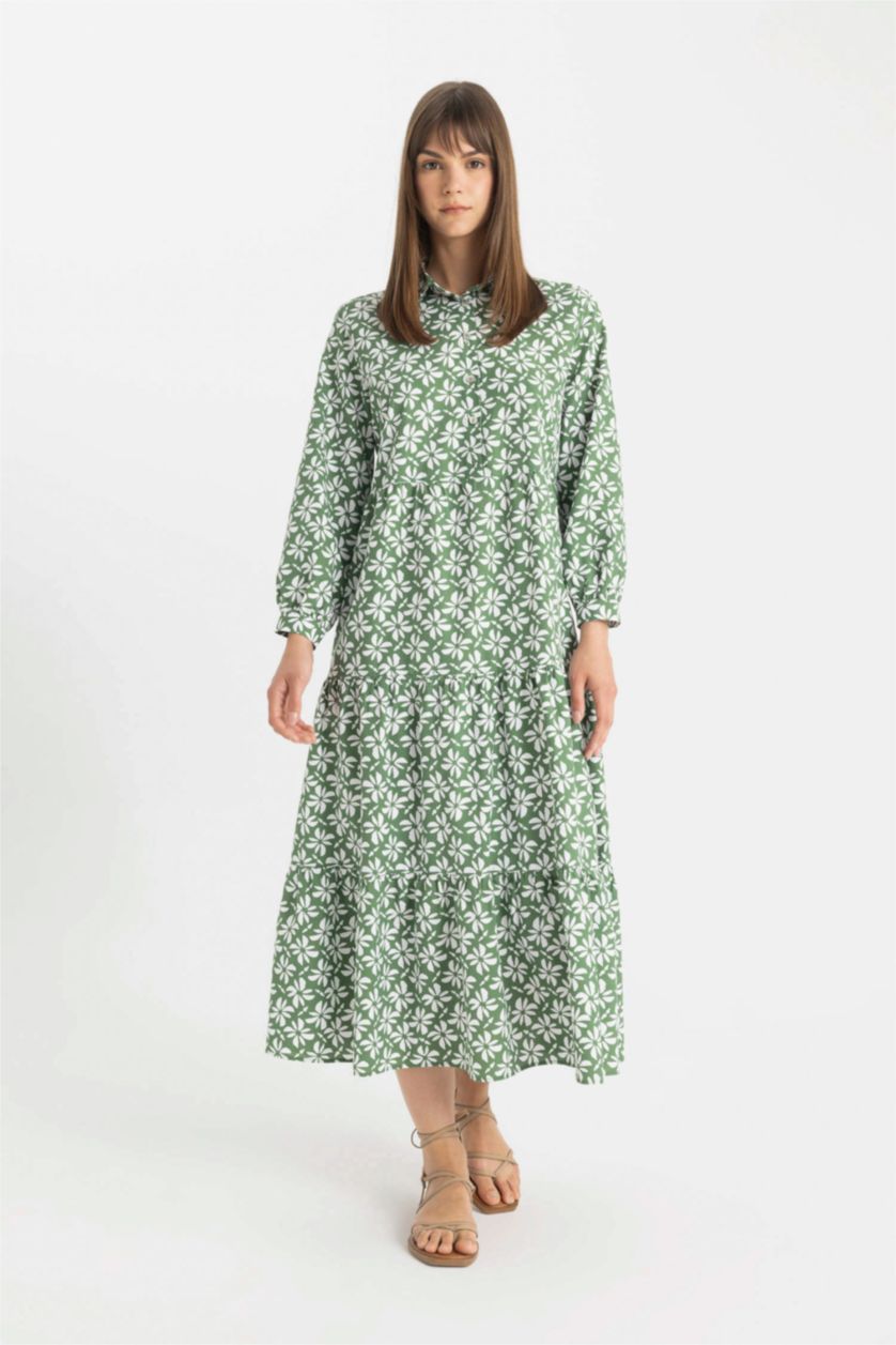 Kadın Yeşil Relax Fit Gömlek Yaka Desenli Poplin Uzun Kollu Maxi Elbise