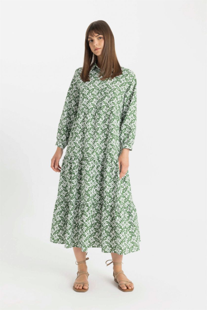 Kadın Yeşil Relax Fit Gömlek Yaka Desenli Poplin Uzun Kollu Maxi Elbise
