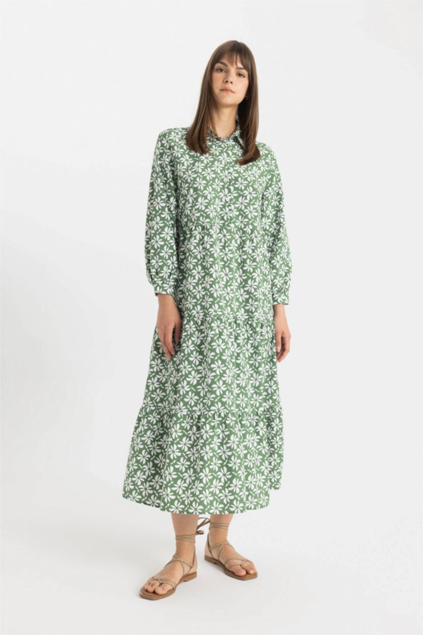 Kadın Yeşil Relax Fit Gömlek Yaka Desenli Poplin Uzun Kollu Maxi Elbise