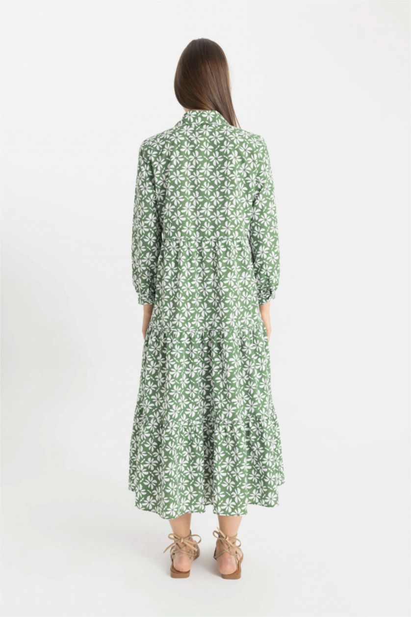 Kadın Yeşil Relax Fit Gömlek Yaka Desenli Poplin Uzun Kollu Maxi Elbise
