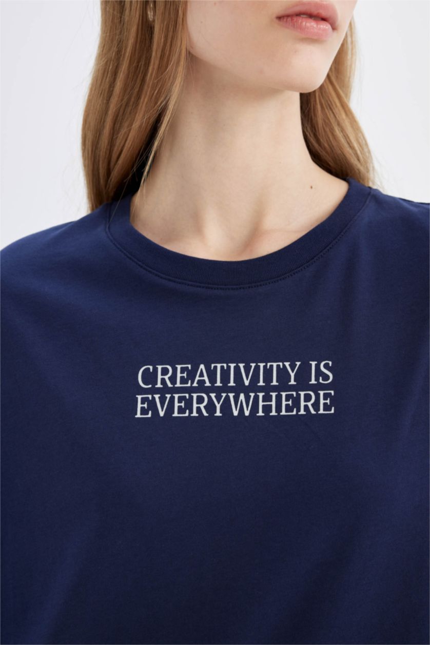 Женщины Синий Футболка оверсайз с круглым вырезом и принтом