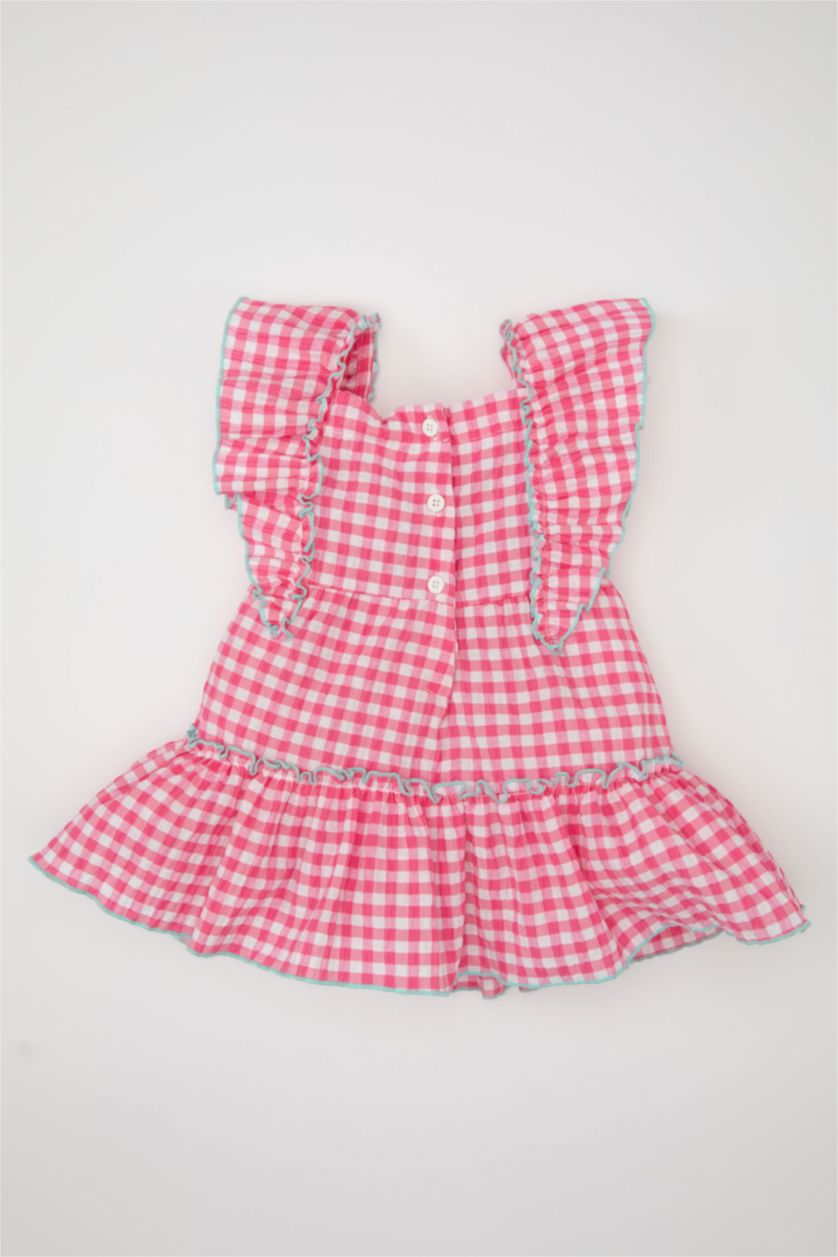 BÉBÉ FILLE Rose Robe sans Manches à Carreaux en Tissu Froissé pour Bébé Fille