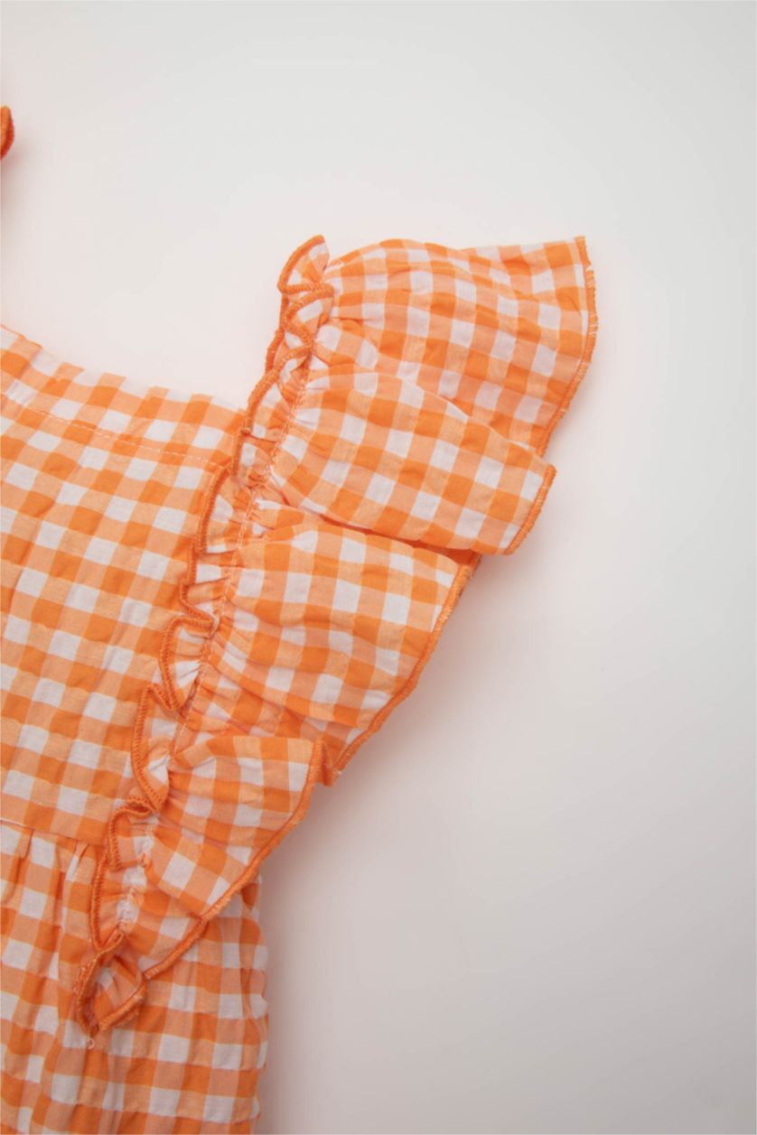 Kız Bebek Beyaz Kız Bebek Kareli Kolsuz Krinkıl Elbise