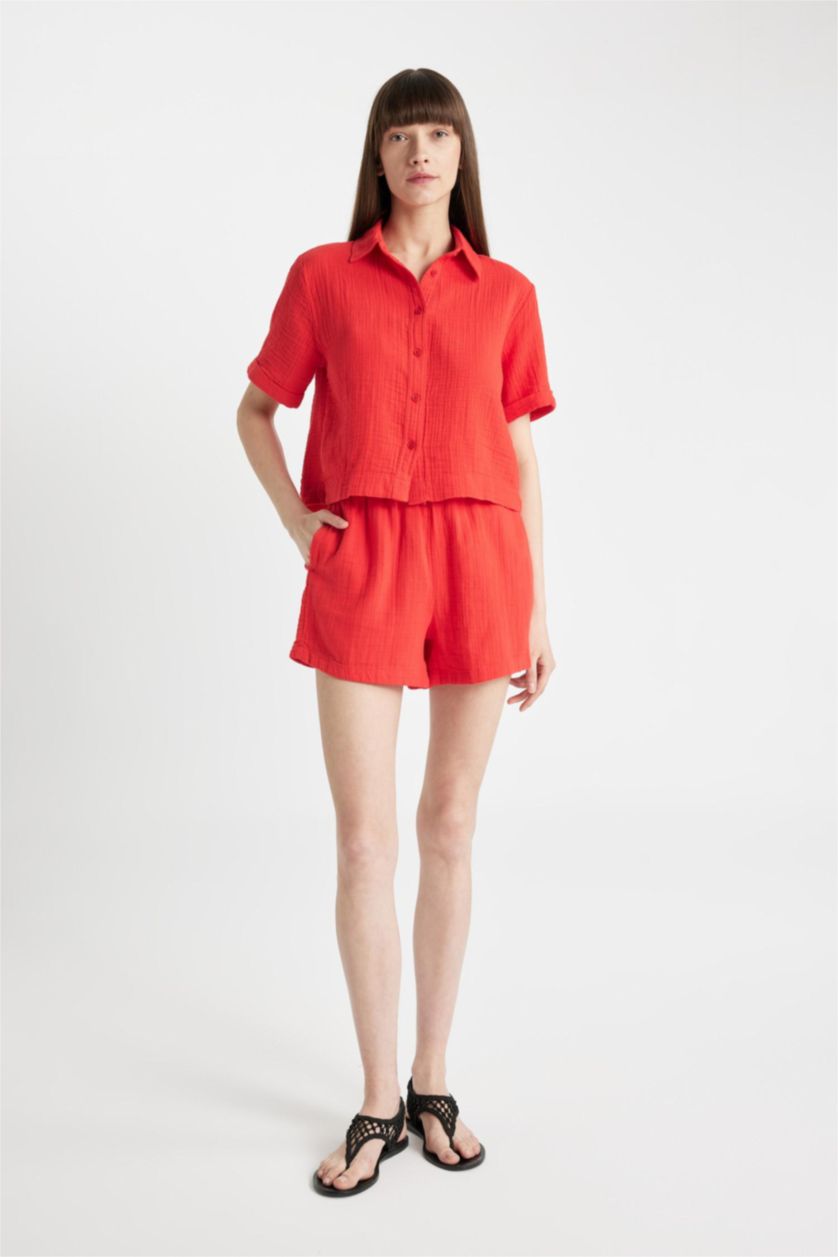 FEMME Rouge Chemise Ample à Manches Courtes en Mousseline.