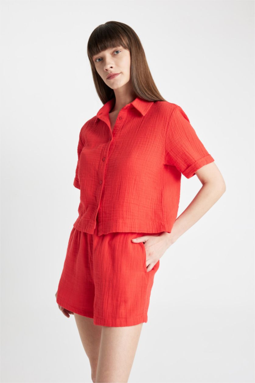 FEMME Rouge Chemise Ample à Manches Courtes en Mousseline.