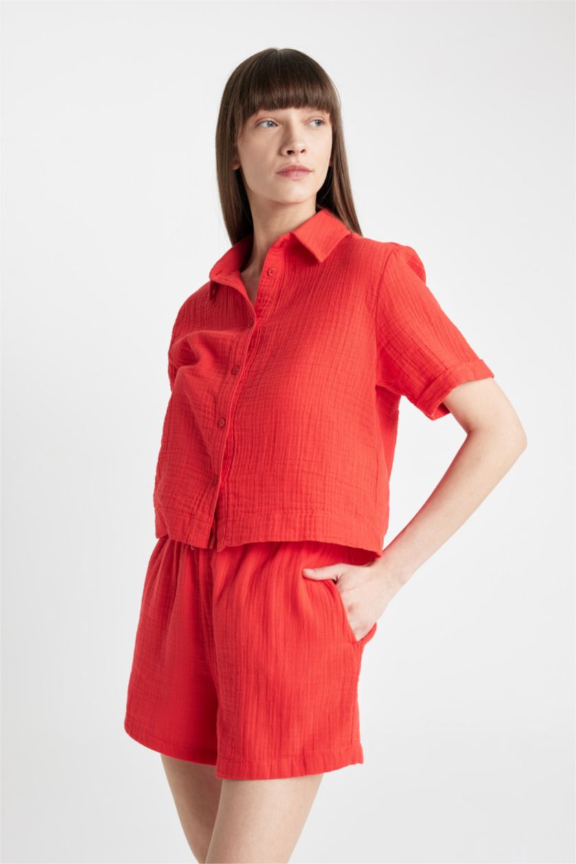 FEMME Rouge Chemise Ample à Manches Courtes en Mousseline.