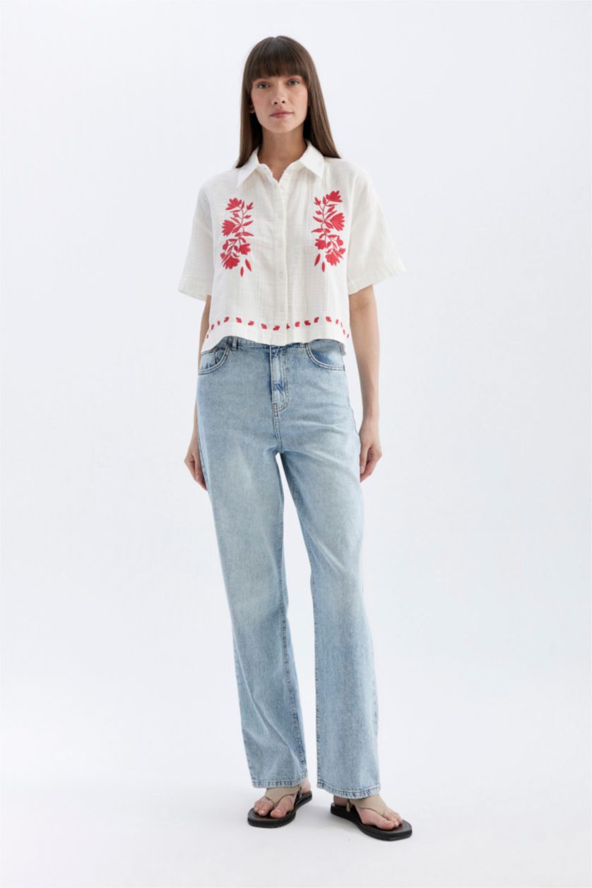 FEMME Blanc Chemise oversize en mousseline à manches courtes avec broderie