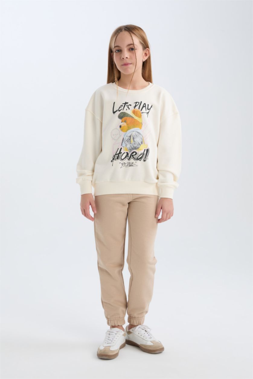 FILLES Écru Sweat-shirt Oversize imprimé Ours à Col rond pour Fille