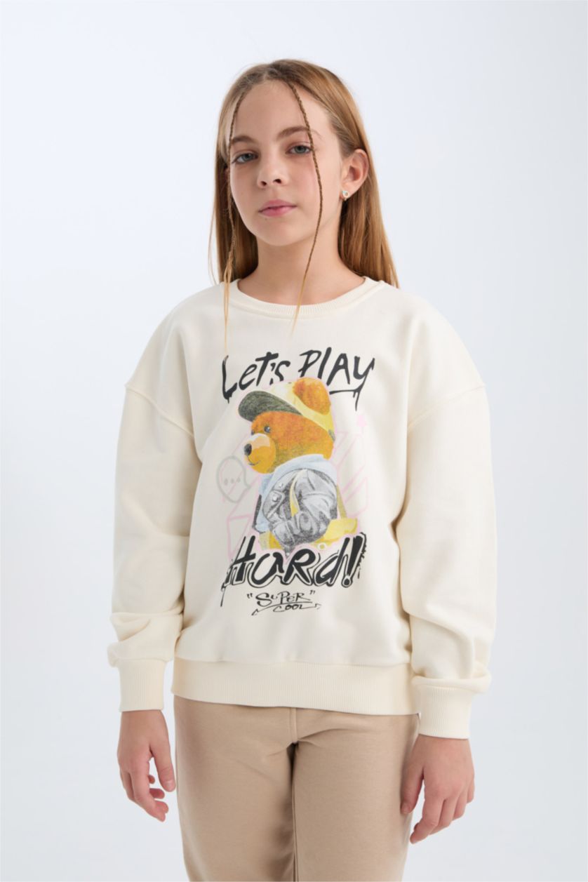 FILLES Écru Sweat-shirt Oversize imprimé Ours à Col rond pour Fille