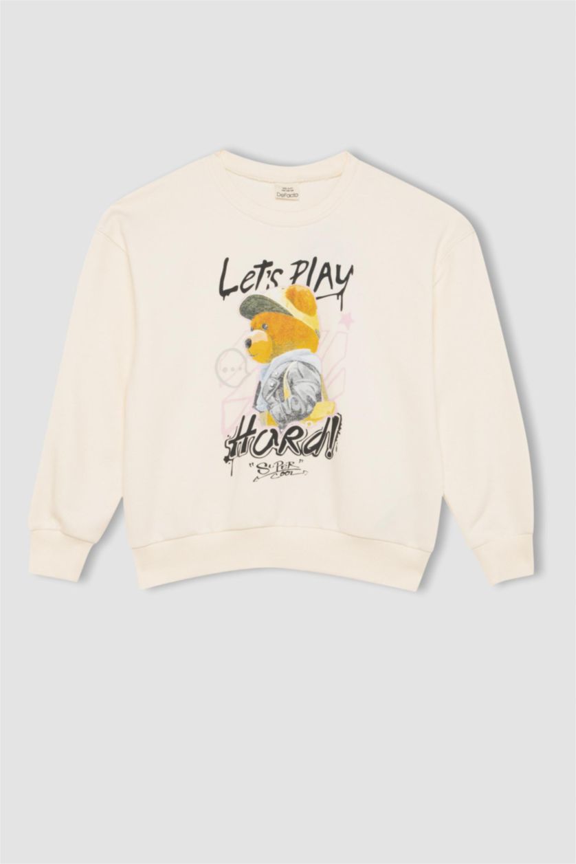 FILLES Écru Sweat-shirt Oversize imprimé Ours à Col rond pour Fille