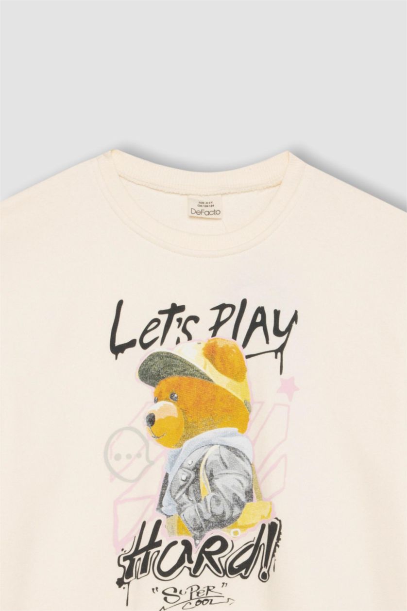 FILLES Écru Sweat-shirt Oversize imprimé Ours à Col rond pour Fille