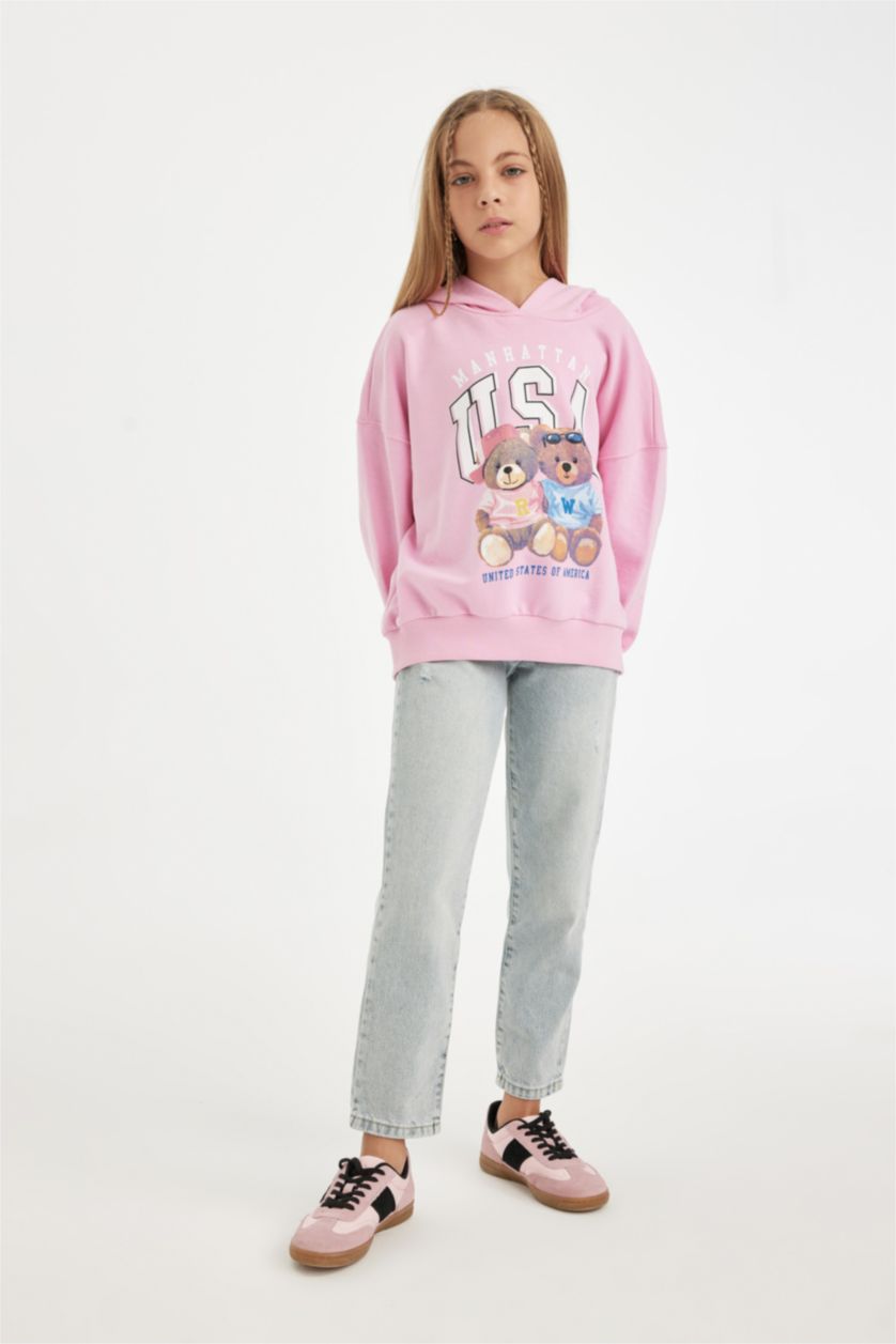 FILLES Rose Clair Sweat à capuche Oversize à motif Ours