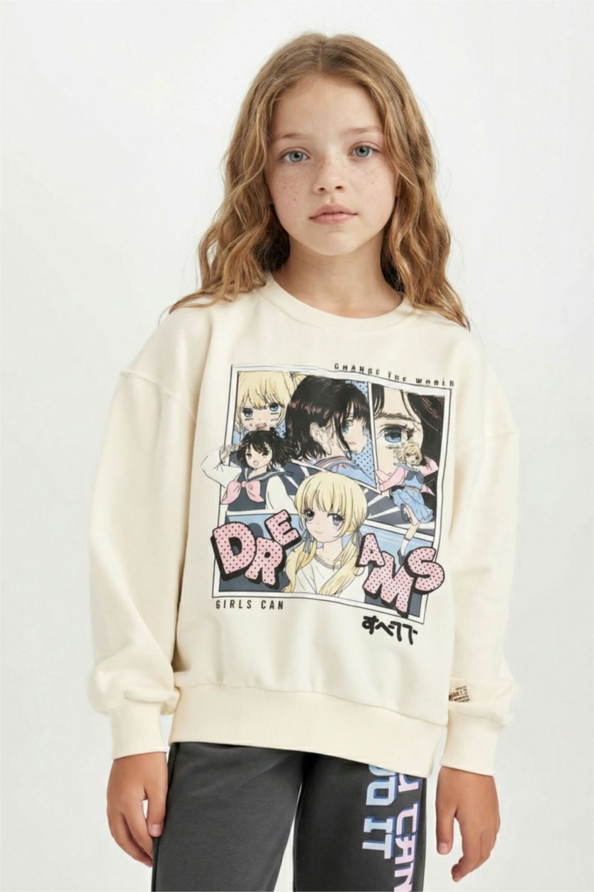 Kız Çocuk - Genç Kız Ekru Kız Çocuk Oversize Geniş Kalıp Bisiklet Yaka Baskılı Sweatshirt