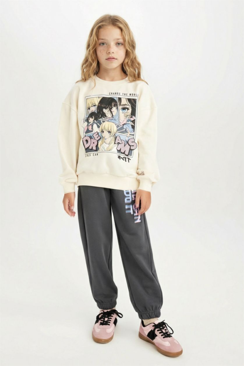 Kız Çocuk - Genç Kız Ekru Kız Çocuk Oversize Geniş Kalıp Bisiklet Yaka Baskılı Sweatshirt