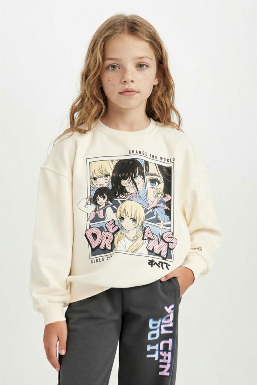 Kız Çocuk - Genç Kız Ekru Kız Çocuk Oversize Geniş Kalıp Bisiklet Yaka Baskılı Sweatshirt